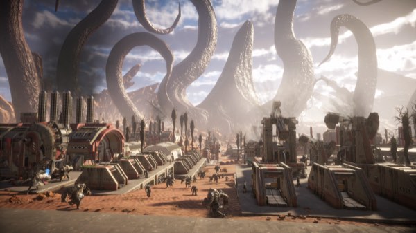 A colony sprawling beneath enormous alien tendrils in the Tyris System