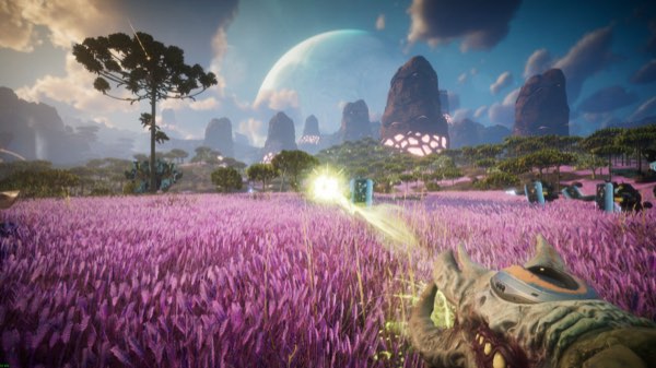 First-person exploration across a field of violet alien grass
