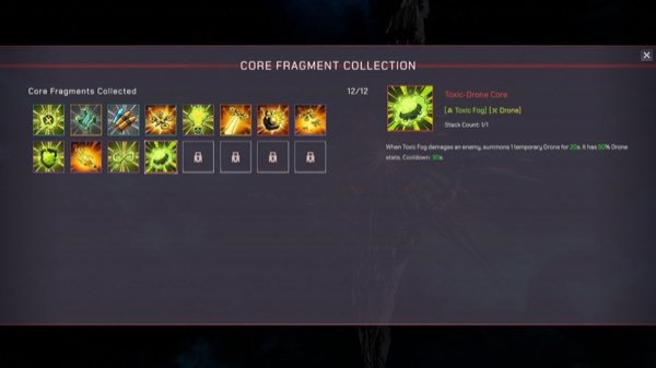 The Core Fragment Collection screen showing twelve filled slots
