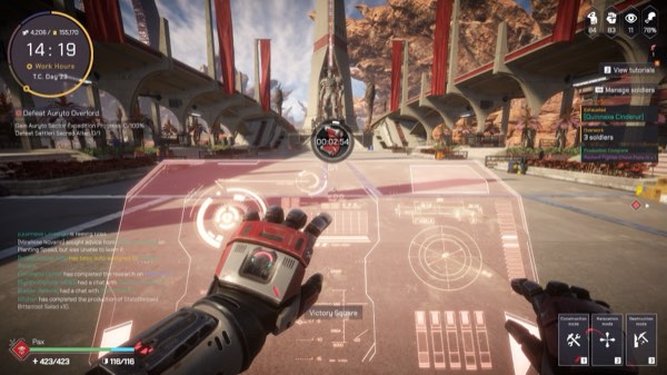 First-person build mode projecting a construction grid over the plaza