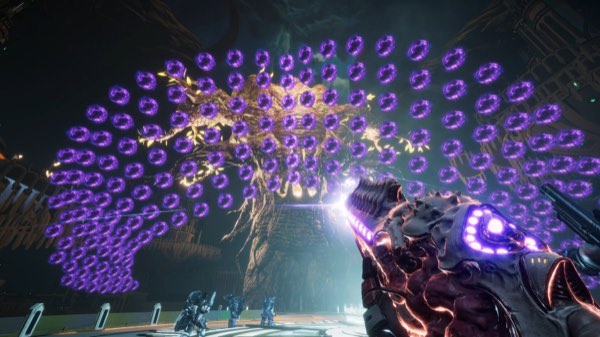 A boss firing a dense radial wall of purple projectiles
