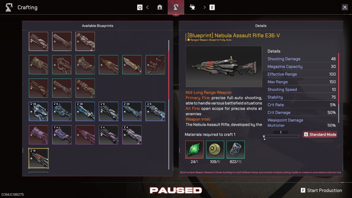 The crafting screen showing the Nebula Assault Rifle E36-V blueprint with its full stat panel and material requirements