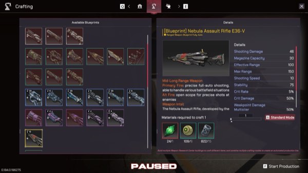 The crafting screen with a weapon blueprint stat block