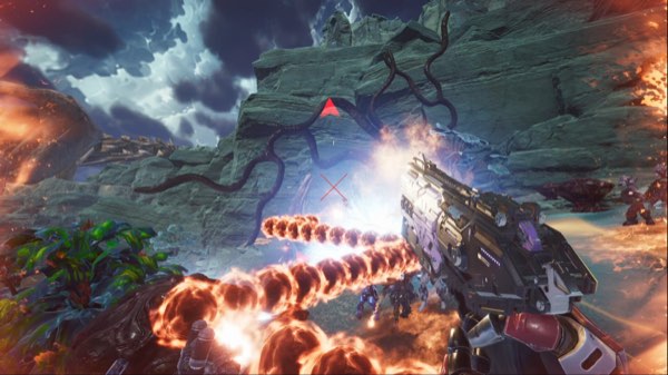 Firing at distant enemies across rocky terrain under a stormy sky