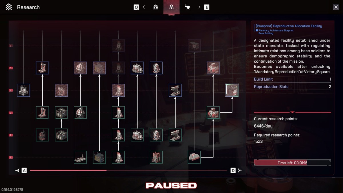 The research tree screen with a blueprint detail panel for the Reproductive Allocation Facility