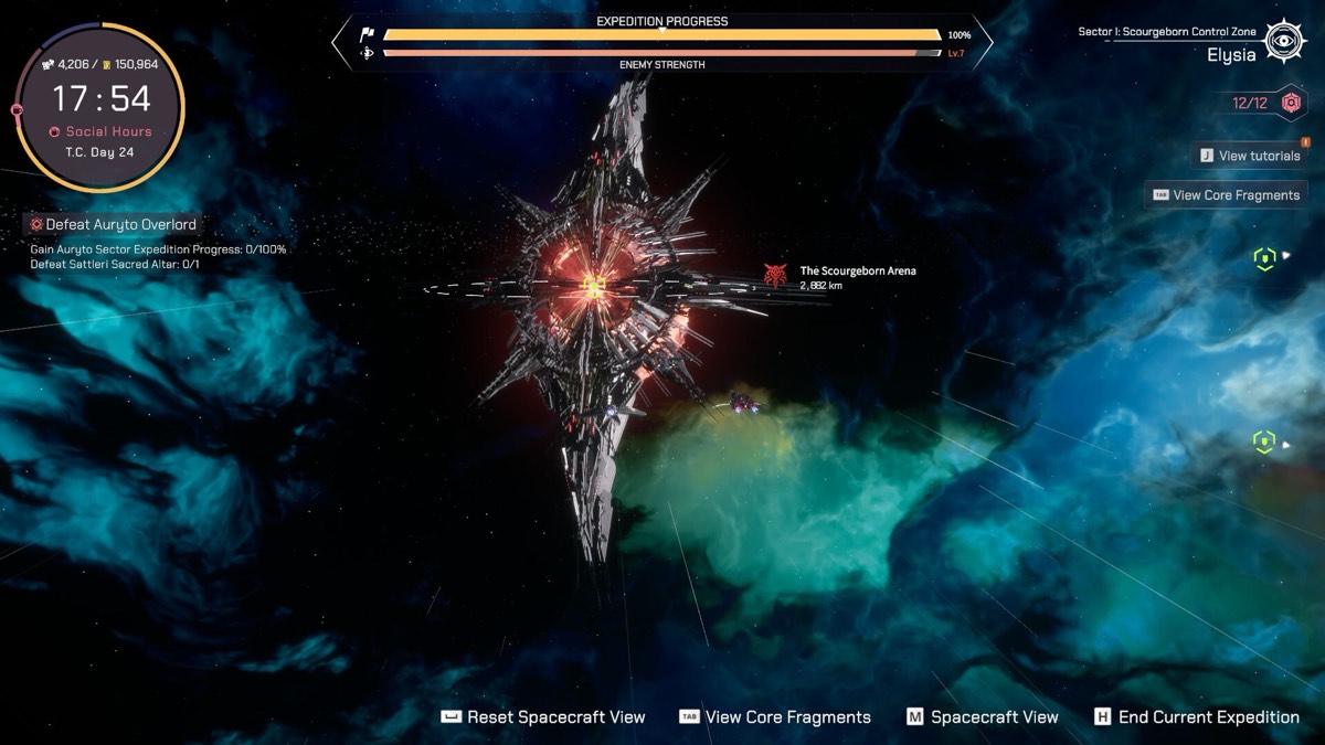 The expedition star map showing Sector I Scourgeborn Control Zone in Elysia, with expedition progress and enemy strength meters