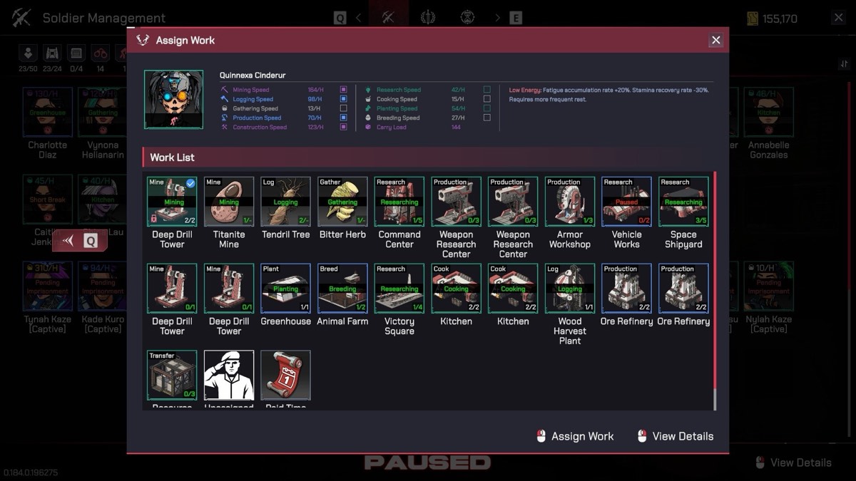 The Assign Work screen showing colony buildings grouped by job category with filled slot counts