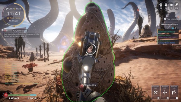 A titanite mine node being worked, showing its resource yield
