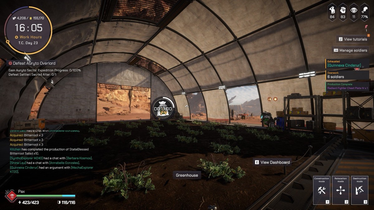 A greenhouse interior with crops and a resource acquisition log in the corner
