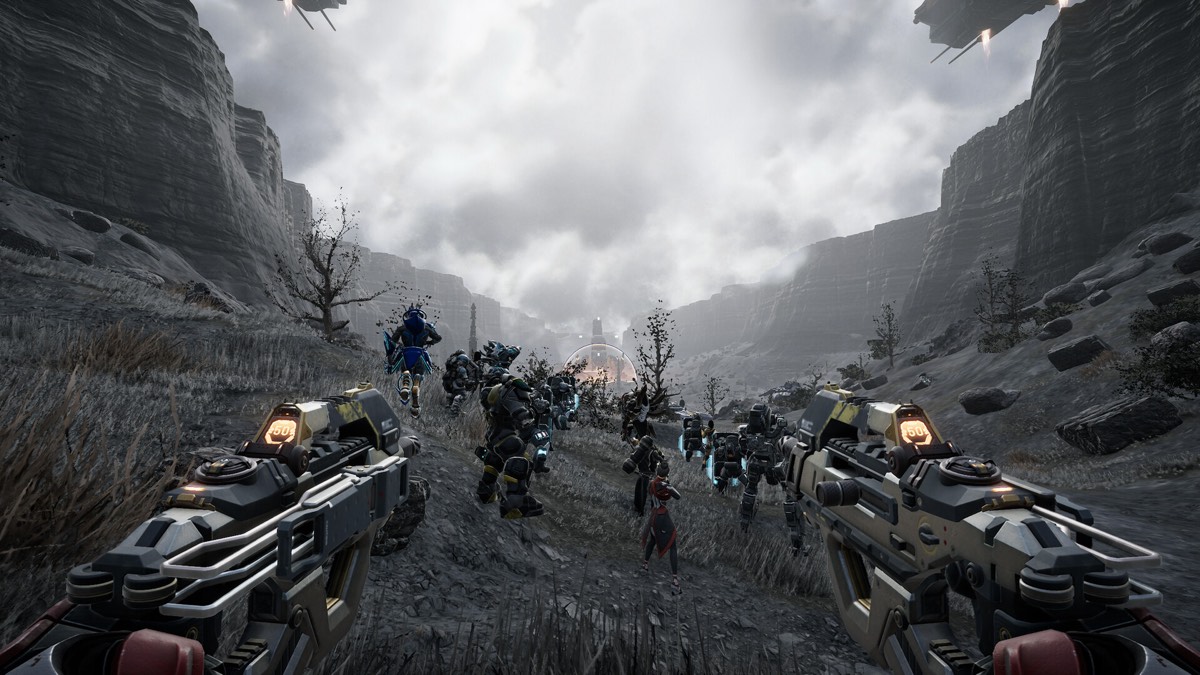 A large formation of mechs and infantry advancing through a grey canyon