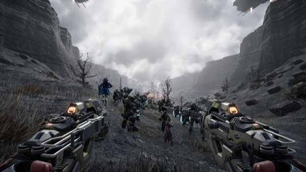 A formation of mechs and infantry advancing through a canyon