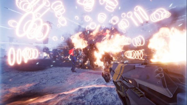A snowfield battle filled with converging rings of projectiles