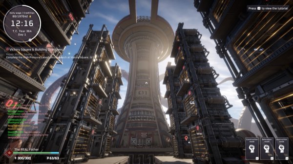 The Victory Square tower rising between industrial structures