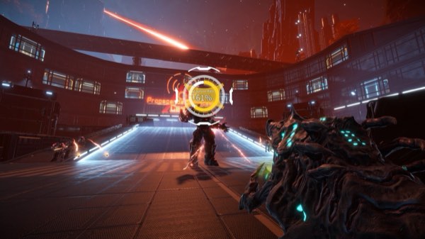 A mech standing in a red-lit arena
