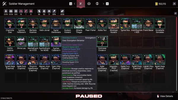 The Soldier Management screen listing citizens with hourly rates and traits