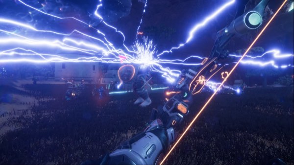 A night battlefield crossed by arcs of electricity