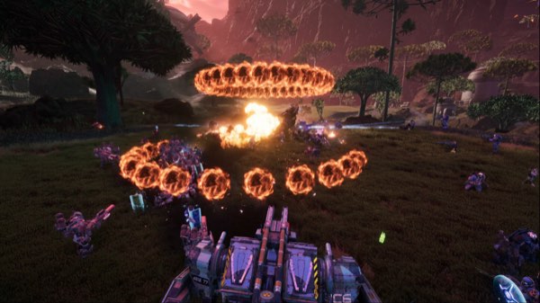 A heavy weapon firing rings of flame across a battlefield